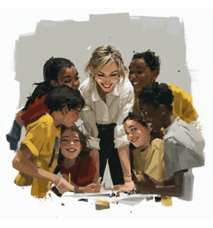 An adult educator stands at a table with a small, diverse group of children who are smiling, talking, and working together on an activity, suggesting collaborative learning and positive classroom engagement.