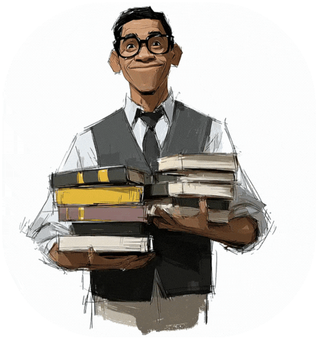 A smiling Indian man wearing glasses and formal attire holds multiple stacks of books in both arms, symbolizing academic effort, learning, and research.